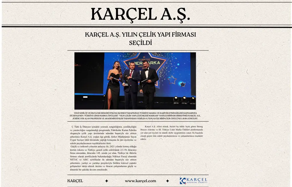 Karcel A.S. Selected Steel Structure Company of the Year