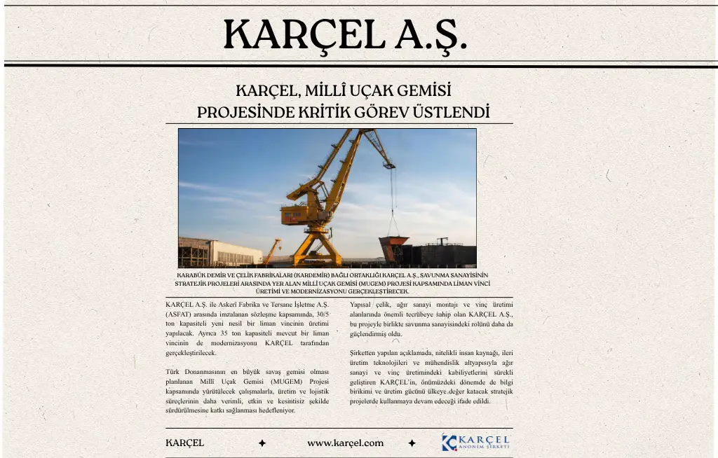 Karçel, Millî Uçak Gemisi Projesinde Kritik Görev Üstlendi